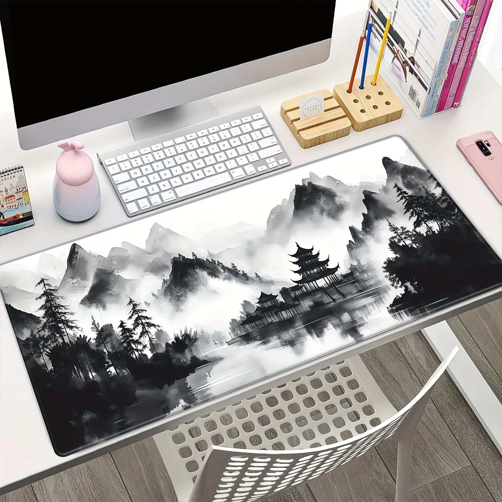 

Oversized Mouse Pad for Desk Black White Chinese Landscape Design Non-Slip Large Computer Gaming Mousepad Desk Mat