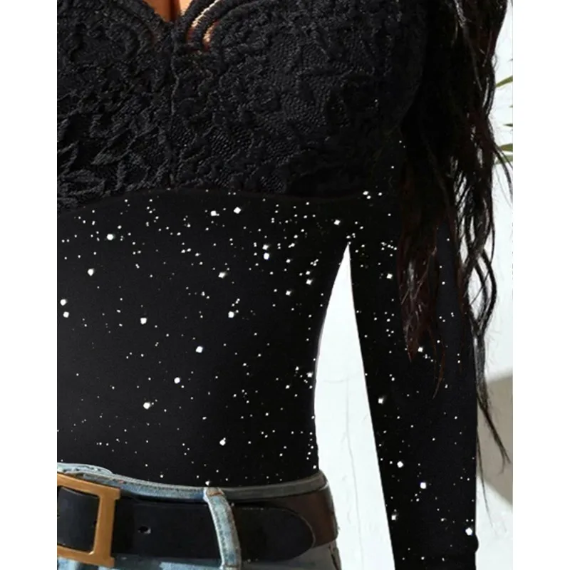 2024 Spring Summer New Women\'s Clothing Solid Color V-neck Lace Stitching Silver Long-Sleeved Top