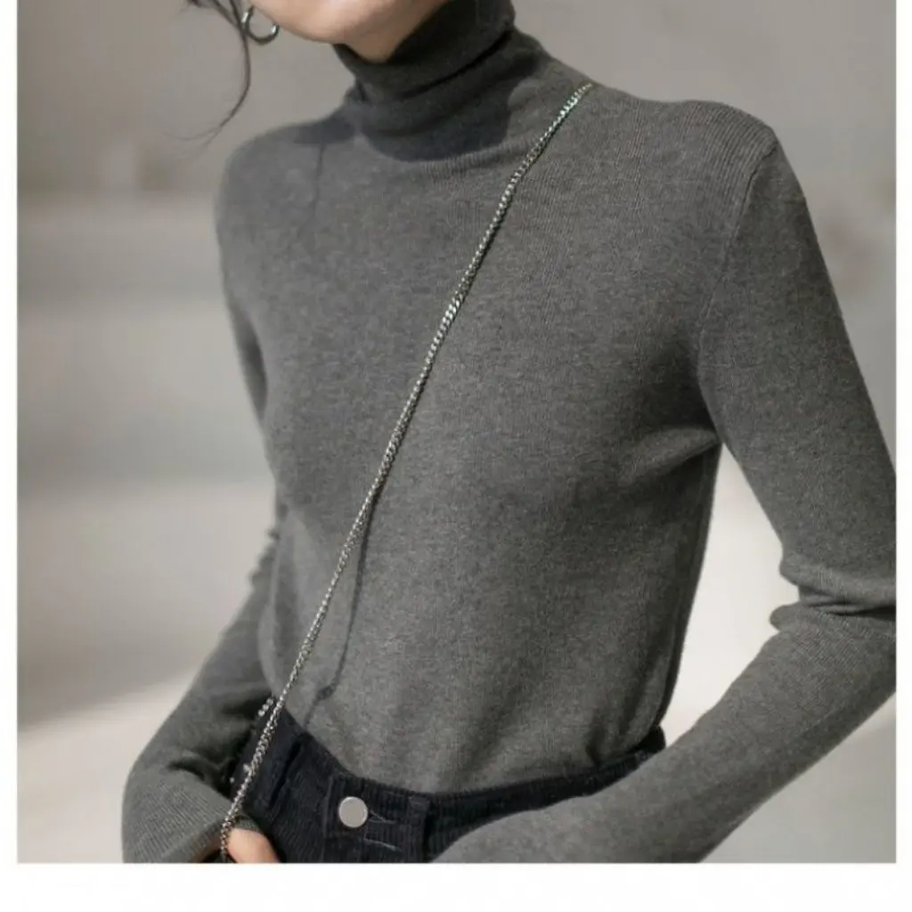 

Women's Grey Pile Collar Knitted Base Shirt Thickened Turtleneck Top for Autumn Winter Western Style All-match Inner Wear