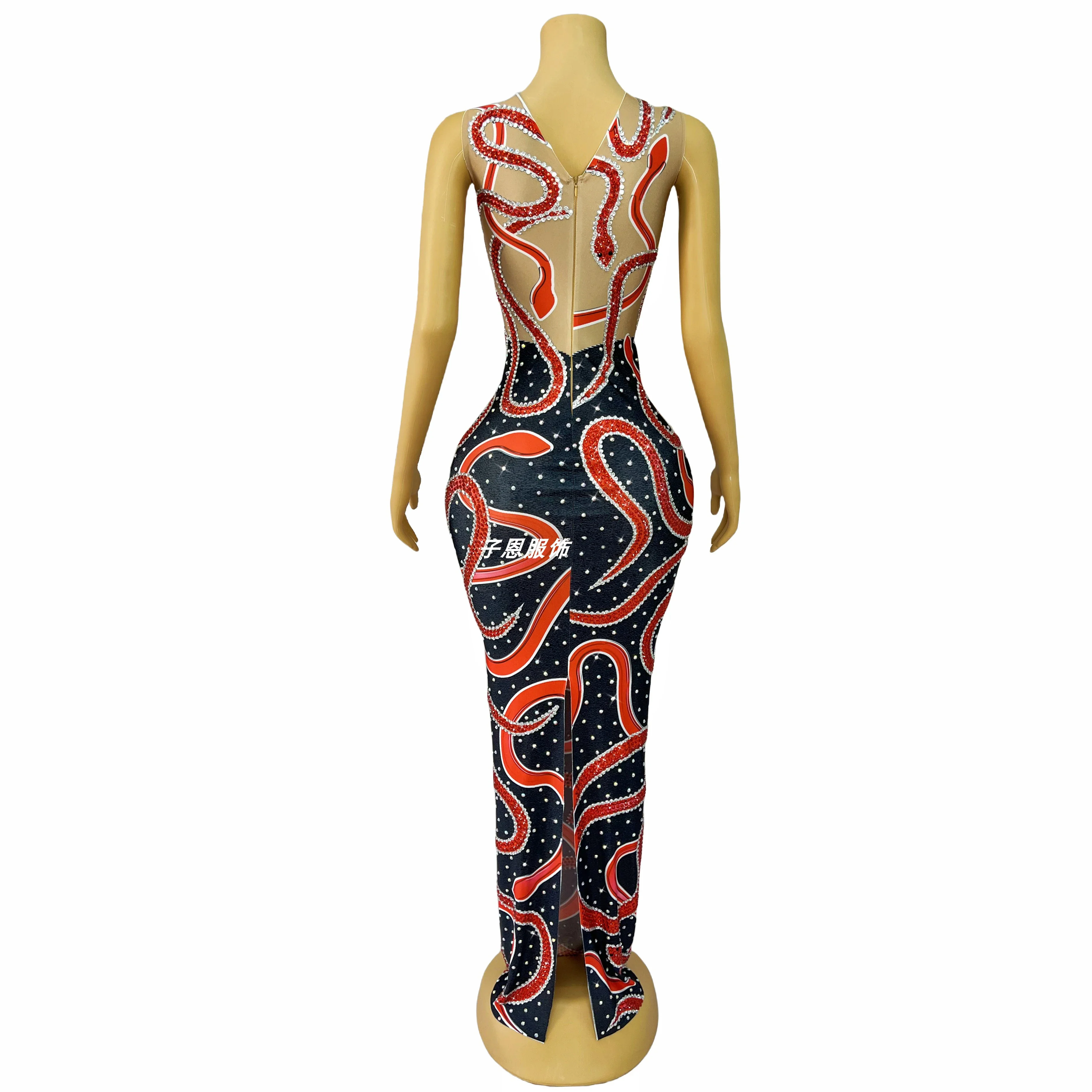 بلينغ الأفعى نمط الراين فستان المرأة حفلة ثوب مسائي بار Ds Dj Gogo زي ملهى ليلي المرحلة المنصة الزي