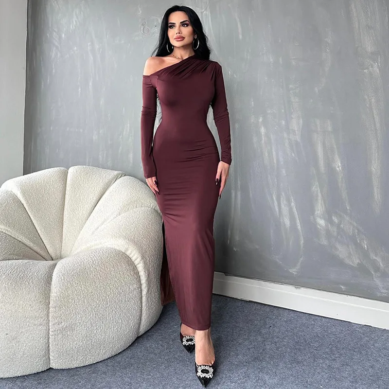 High-waisted Dress for Women Solid Color Oblique Shoulder Asymmetrical Sexy Dress Off-the-shoulder Slim Banquet Evening Dress