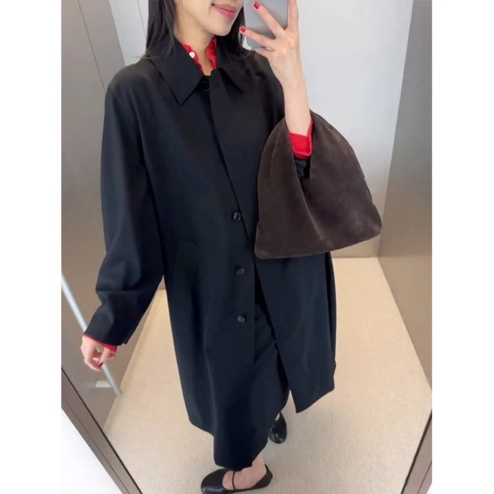 Jesienny minimalistyczny długi płaszcz trencz z rozcięciem dla kobiet