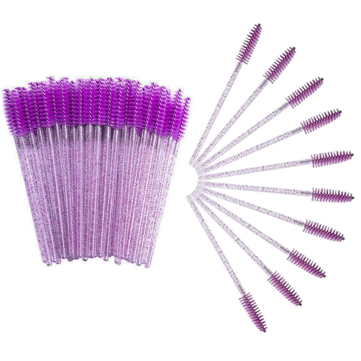 8 bis 98 Stück lila Einweg-Mascara-Zauberstäbe, glitzernde Wimpernbürste mit klarem Griff, Spoolie-Wimpernwerkzeuge für Make-up und Schönheitssalon