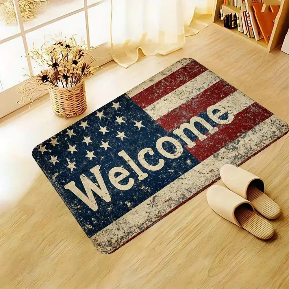 American Flag Welcome Print Doormat Patriotic Stars and Stripes Design Non Slip Floor Mat for Home