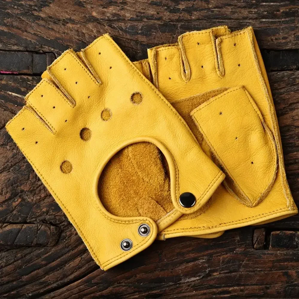 Men's Sheepskin Half Finger Fitness Gloves Black Yellow Wear-resisting Outdoor Riding Motorcycle Tactical Non-slip Cowhide Glove