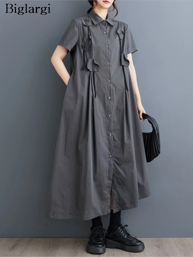 

Oversized Summer Long Shirts Dress Women Loose Ruffle Fashion Irregular Pleated Ladies Dresses Loose A-Line Woman Shirt Dress