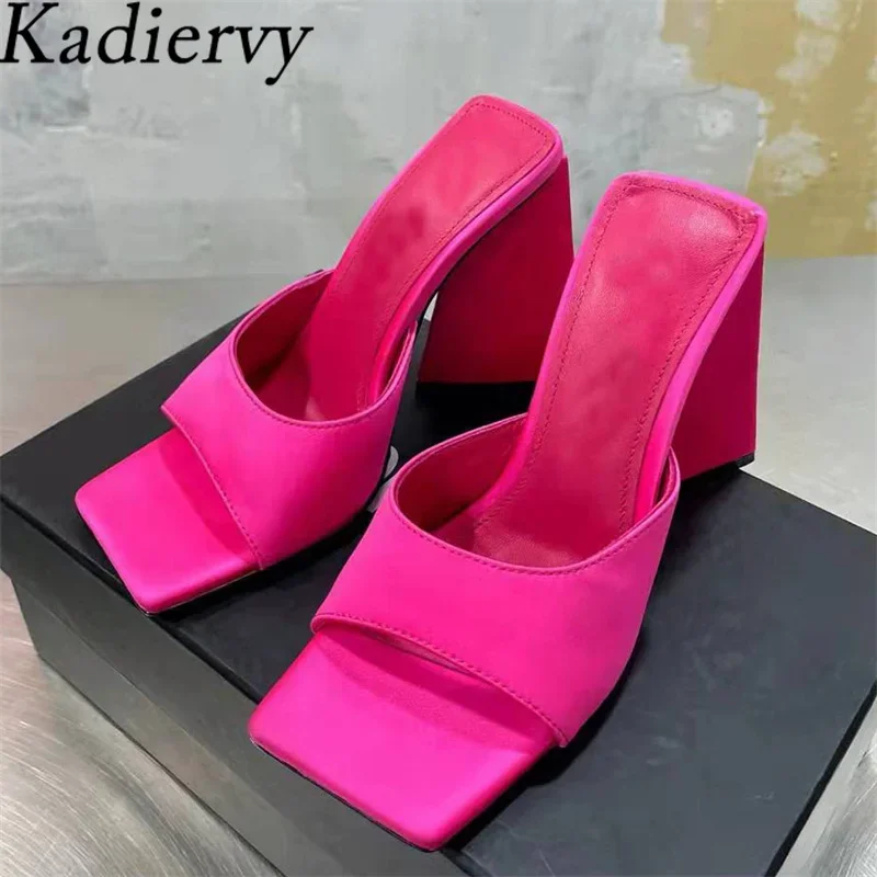 Square Heels Slipper Woman Satin Square Peep Toe Sandals Woman Summer Mules High Heels Runway Shoes Modern Slippers Women