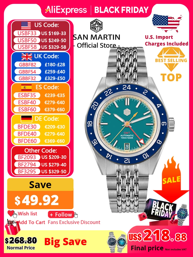 

San Martin оригинальный дизайн модные GMT 39,5 мм мужские спортивные часы Япония NH34 автоматические механические водонепроницаемые 100 м SN0116 Reloj