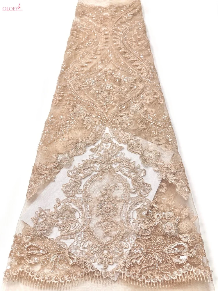 Imagen 7: Tela de encaje nigeriano de lujo OLOEY con lentejuelas africanas para vestidos de novia, diseño bordado para novios
