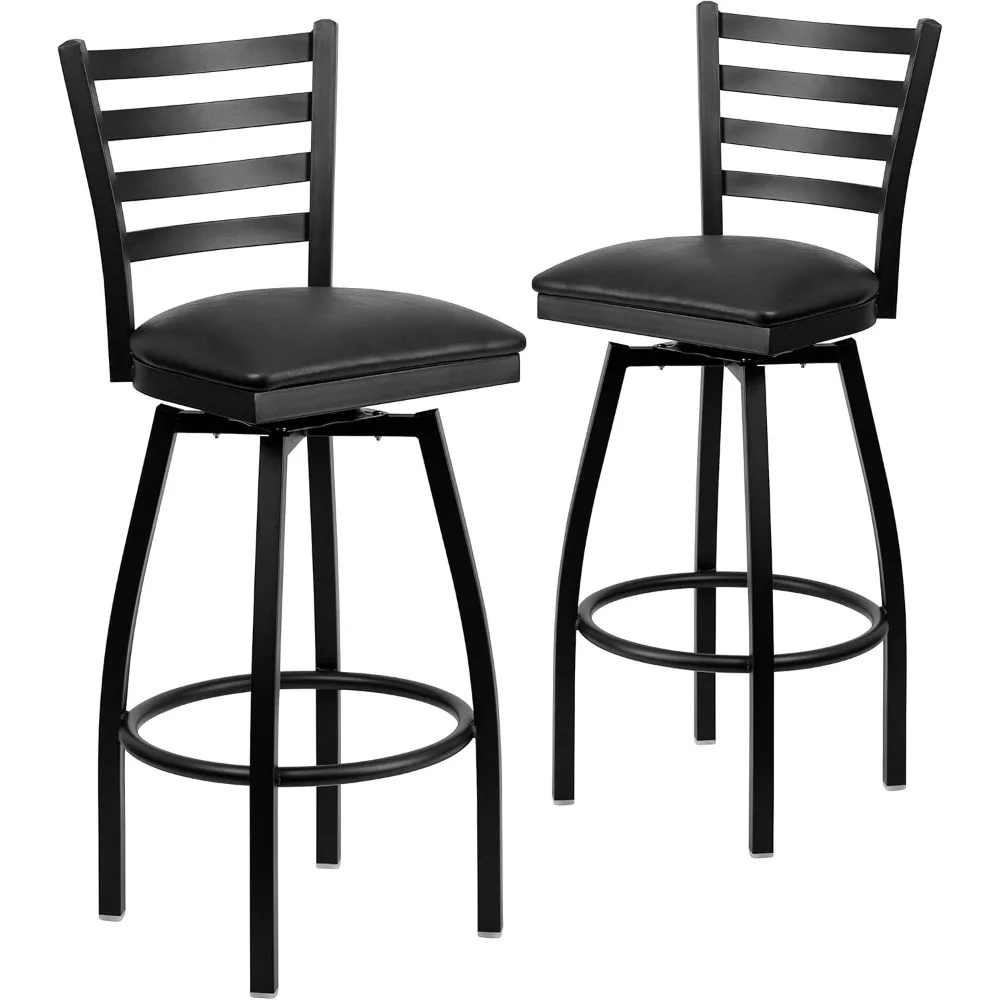 2 Pack HERCULES Series Black Ladder Back Swivel Metal Barstool - Black Vinyl Seat