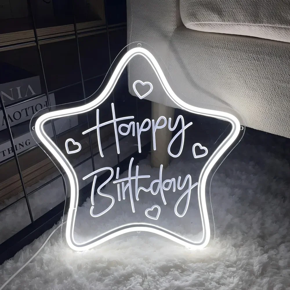 Enseigne au néon personnalisée Happy Birthday Star, lumières LED personnalisées sculptées, accessoires de fête de naissance, décoration murale, support