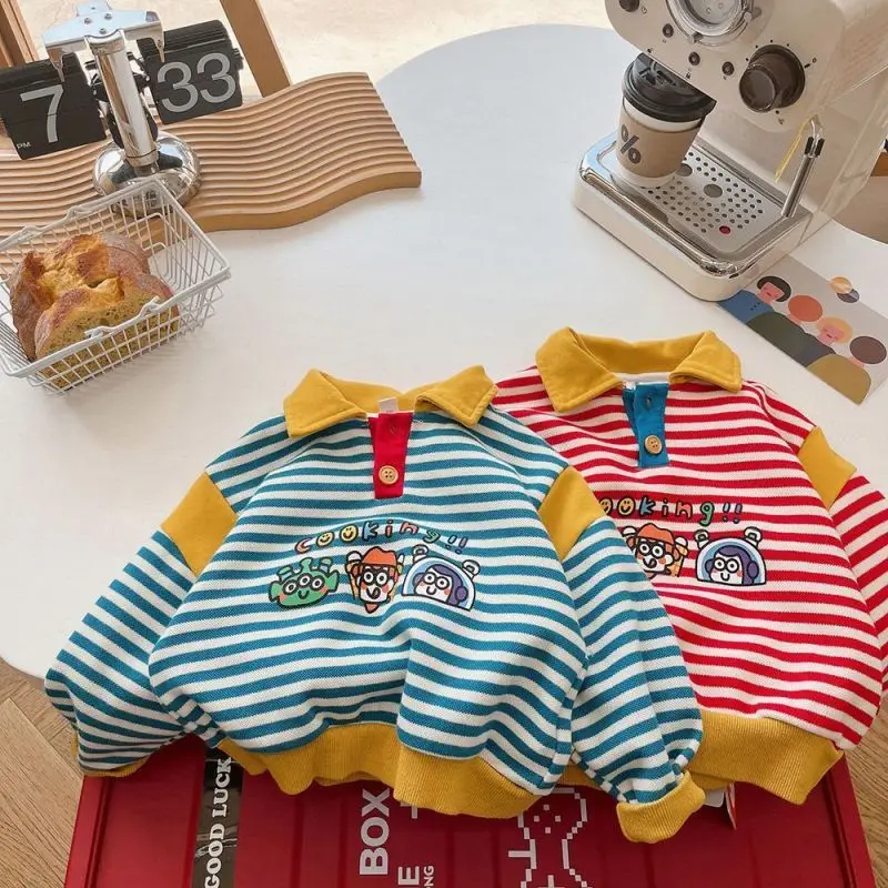 Autumn New Boys Turn-down Collar Button Contrast Color Spliced Loose High Street Long Sleeve Pure Cotton Striped Cartoon T-shirt