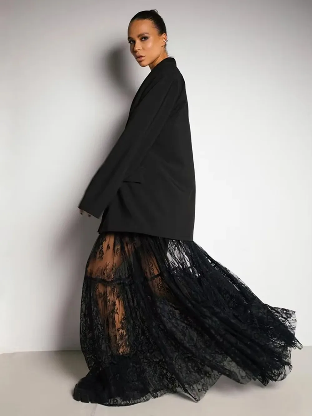 

Sexy A-line Lace Black Long Skirts Elegant Sexy Women See Through 2025 Solid Skirts Loose High Waist Europe and America Fashion