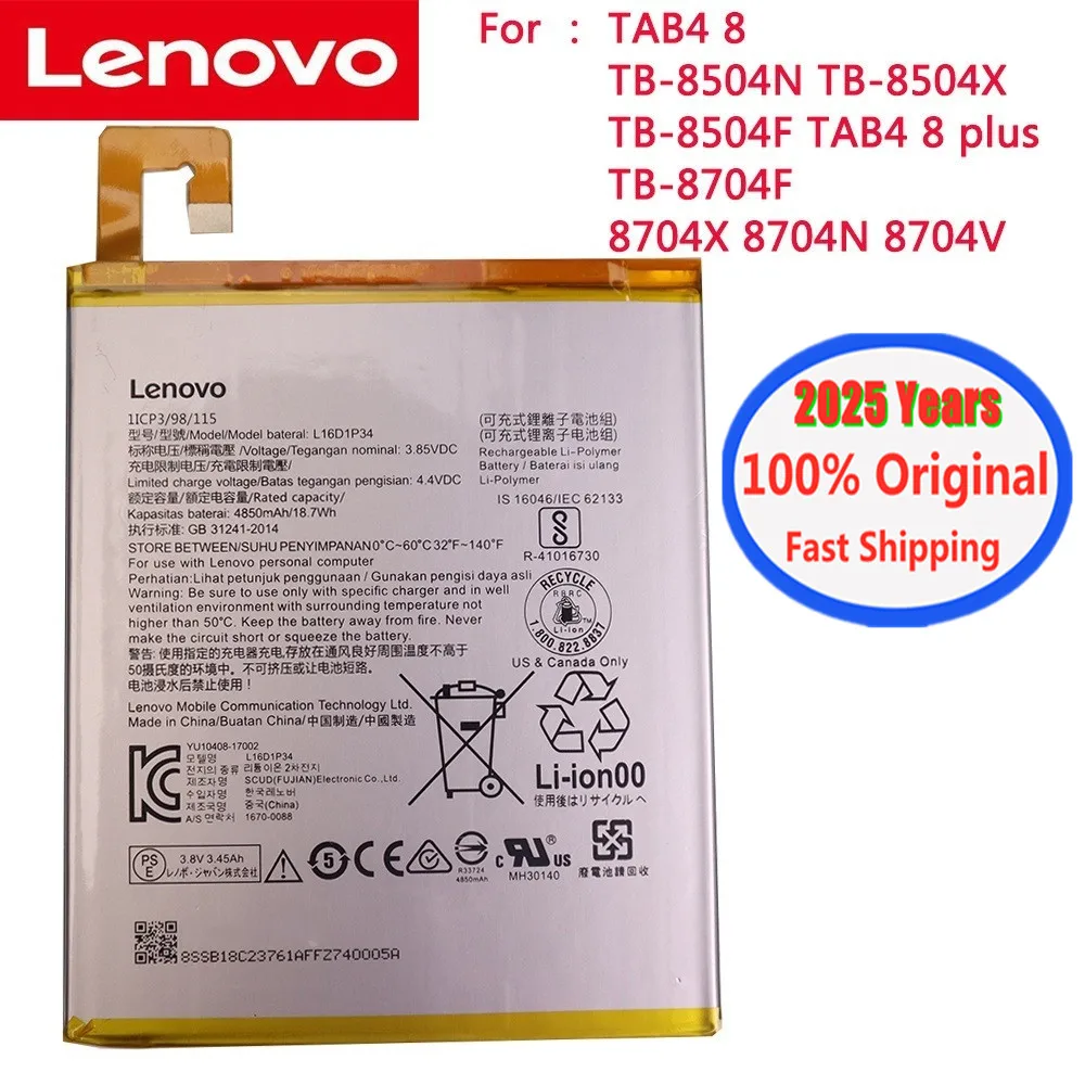 2025 Year Original Battery L16D1P34 For Lenovo TAB4 8 TB-8504N TB-8504X TB-8504F TAB4 8 plus TB-8704F 8704X 8704V Tablet Battery