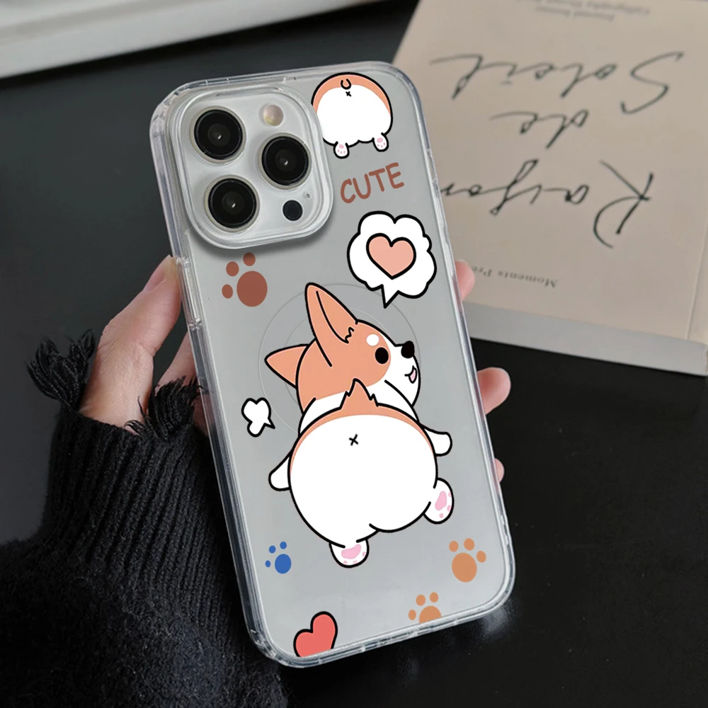 Cute cartoon corgi puppy Phone Case For iPhone 11 12 13 14 15 16 Pro Max Plus Magesafe Magnetic Transparent Charge Soft Shell