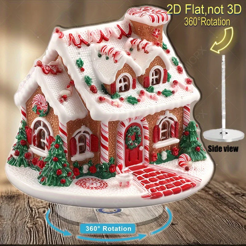 2D Flat, 2D Flat 2D Printed Rotating Gingerbread House Statue with Candy Canes and Christmas Tree - 360° Rotating Base, No Elect