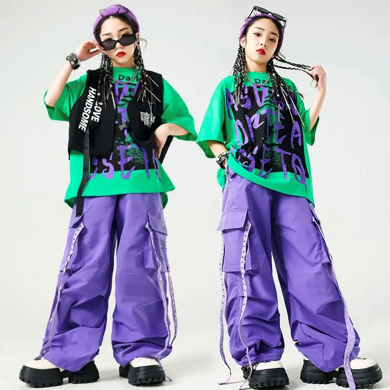 

Girls Hip Hop Clothing Sweatshirt Cargo Pants Boys Street Dance Candy Color Pullover KidsStreetwear Teenage Jazz Clothes Set