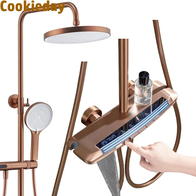 Rose Gold Rain Shower Mixer Faucet Bathroom LED Digital Atmosphere Hot Cold Thermostatic Shower System Bathtub Wall Mount Set