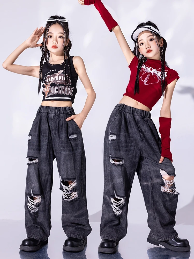 Modern Jazz Dance Clothes Girls Kids Hip Hop Clothing Navel Tops Hole Denim Pants Fashion Catwalk Show Outfit Costume BL13466