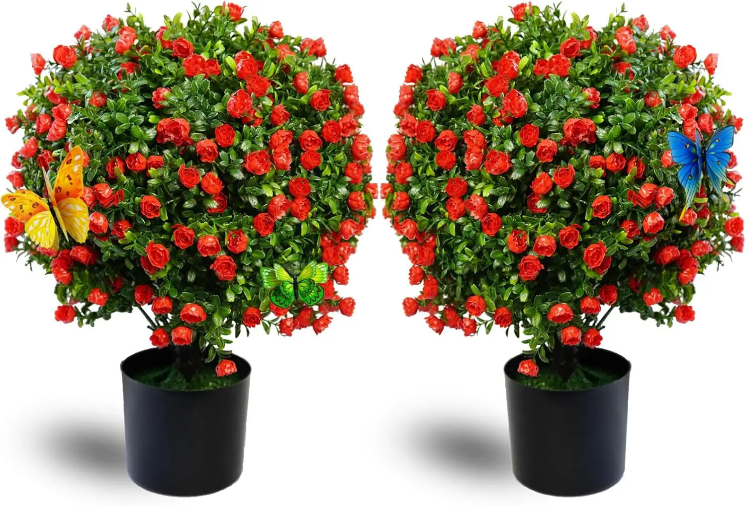 

Artificial Rose Topiary Ball Tree 20.47” Tall Set Of 2 Simulated Potted Plants And 12 Simulated Butterflies,Suitable For Indoor