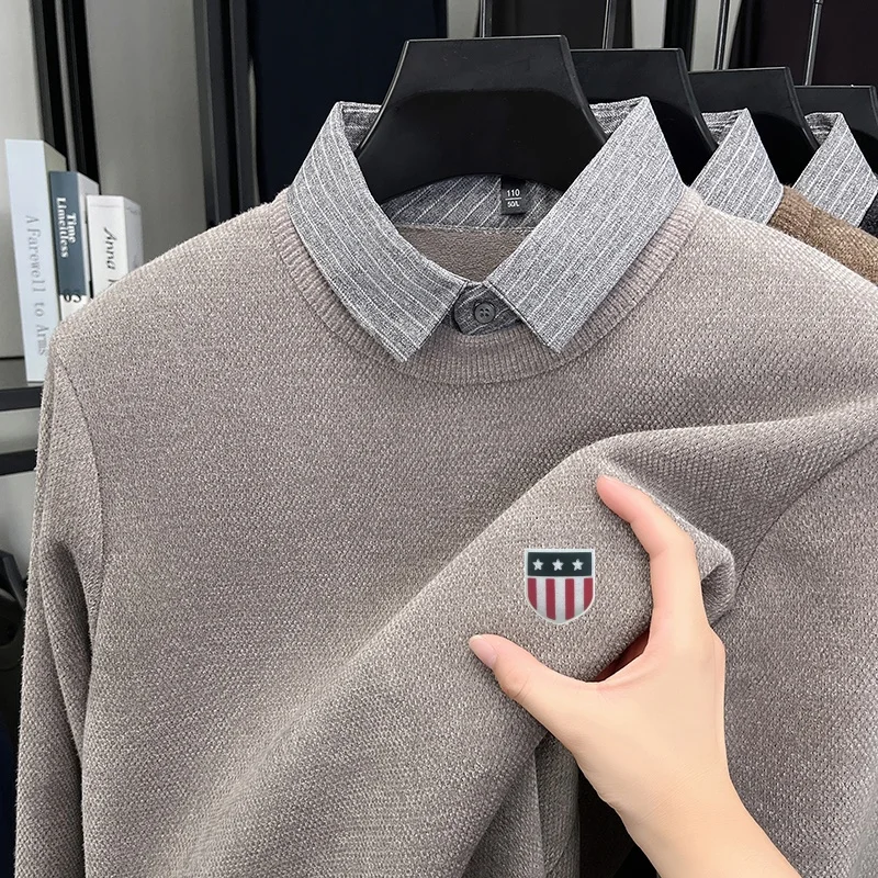 

Дизайнерский качественный мужской вязаный свитер из двух частей с лацканами и длинными рукавами, бархатный утолщенный пуловер с принтом флага, зимняя мужская одежда