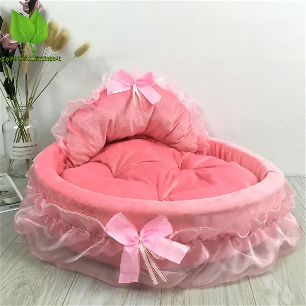 3D Fantasy Bow Lace Pet Bed for Dogs Romantic Detachable Oval Princess Pet Bed Dog Soft Sofa Nest Pet Wedding Furniture 1pc