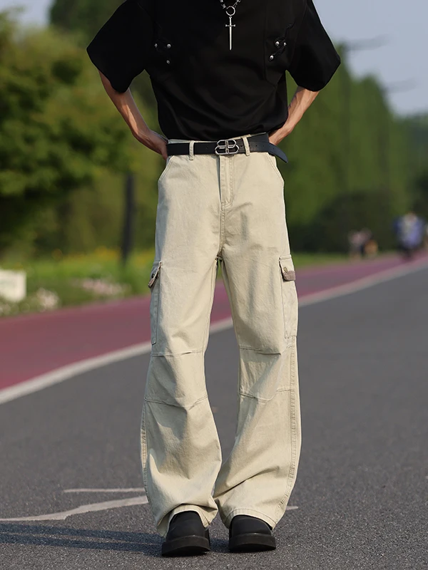 

Waed Cotton Work Trousers Multiple kets Loose Straight Leg Men's Casual Long Pants American Sle Haome Wide Leg Jeans