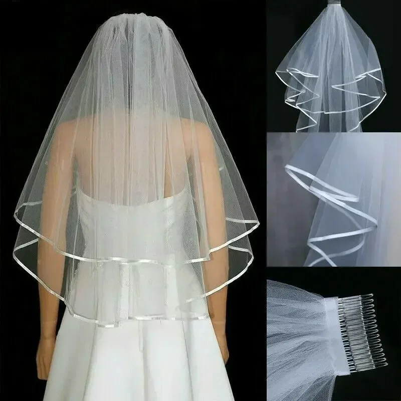

Фата женская простая тюлевая короткая свадебная фата с атласным краем и расческой для свадьбы, девичника