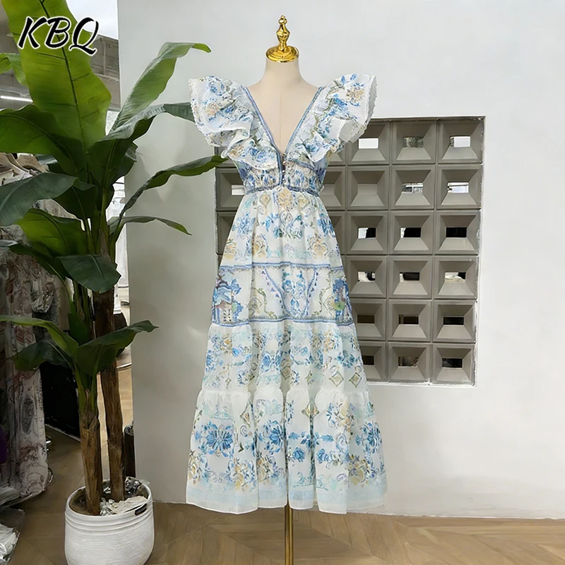 

Женское платье KBQ во французском ретро-стиле с принтом, миди, с открытой спиной, глубоким V-образным вырезом, рукавами-крылышками, завышенной талией, пэчворком и оборками по краю