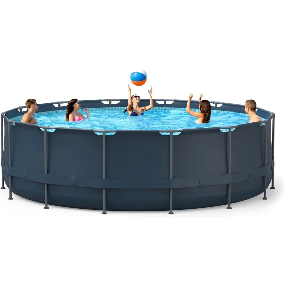 

Metal frame swimming pool set, circular swimming pool, equipped with sand filter pump, pool ladder, ground cloth, and pool cover