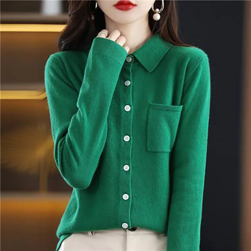 

Fashion Lapel Knitted Button Pockets All-match Cardigan Sweaters Women's Clothing 2022 Autumn New Solid Color Loose Korean Tops