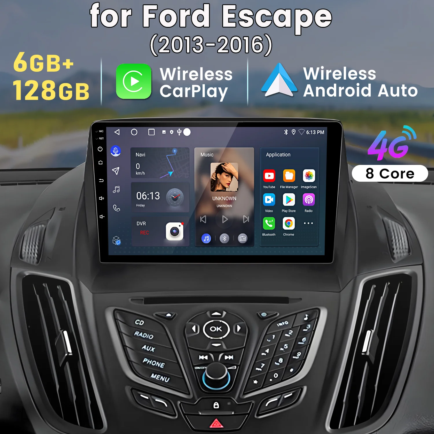 Autoradio Android Auto Junsun pour Ford Escape Kuga 2 C-MAX 2013-2016 avec Apple CarPlay sans fil, écran tactile IPS, navigation multimédia 2 Din, BT, GPS, 4G, WIFI, FM, AM, DSP, RDS, SWC