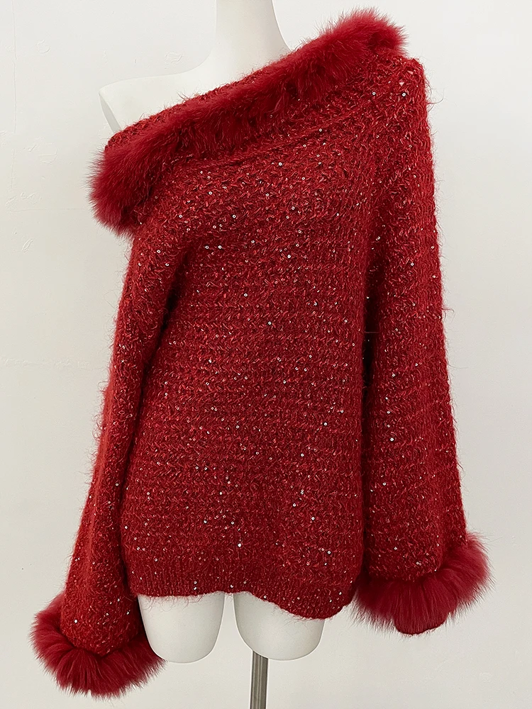 

New Spring Autumn Winter Light Top Clothes Female One-length Shoulder Pullovers Knitting Coat Women Real Fox Fur Knitted Sweater