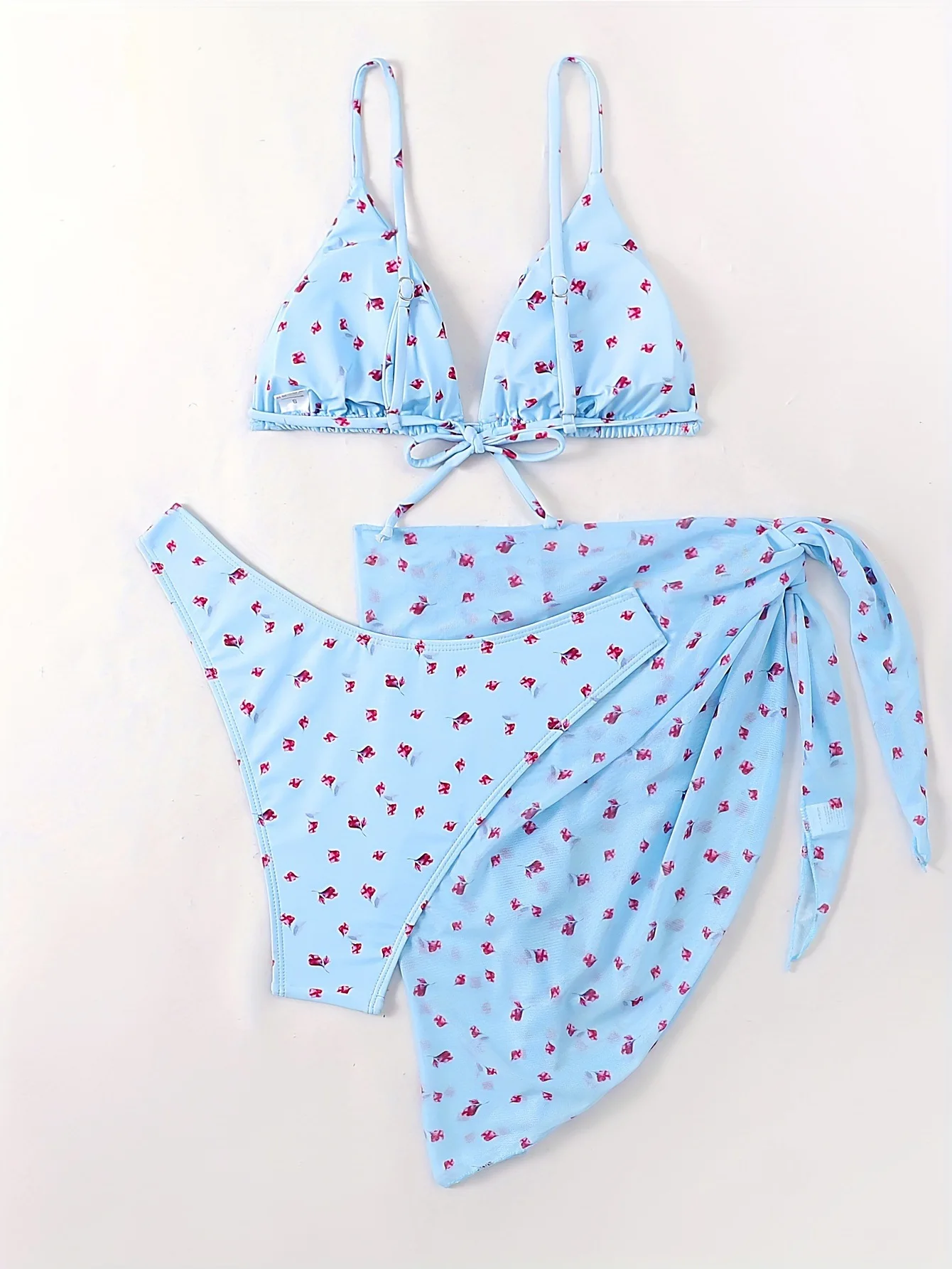 Conjuntos de biquínis sexy com estampa floral azul, 3 peças com capa de malha, saia, roupa de banho, roupa de praia, biquini tankini