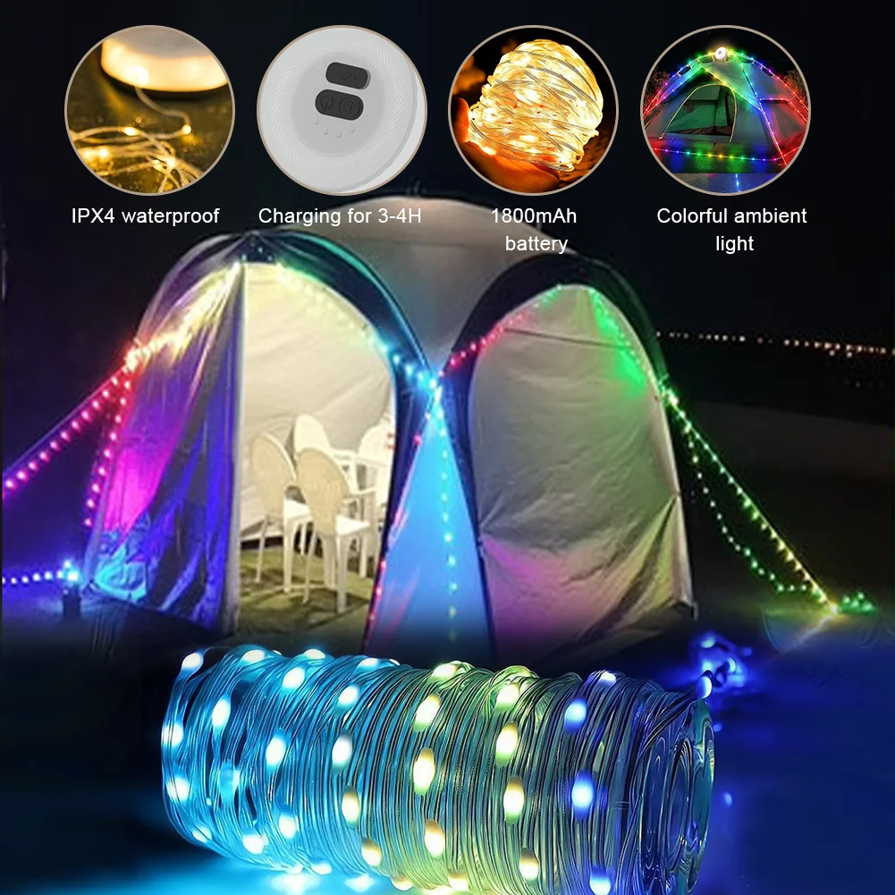 USB Rechargeable Camping Light Waterproof Camping String Light 1800mah Long Endurance Tent Light Strip Garden Decoration Lamp