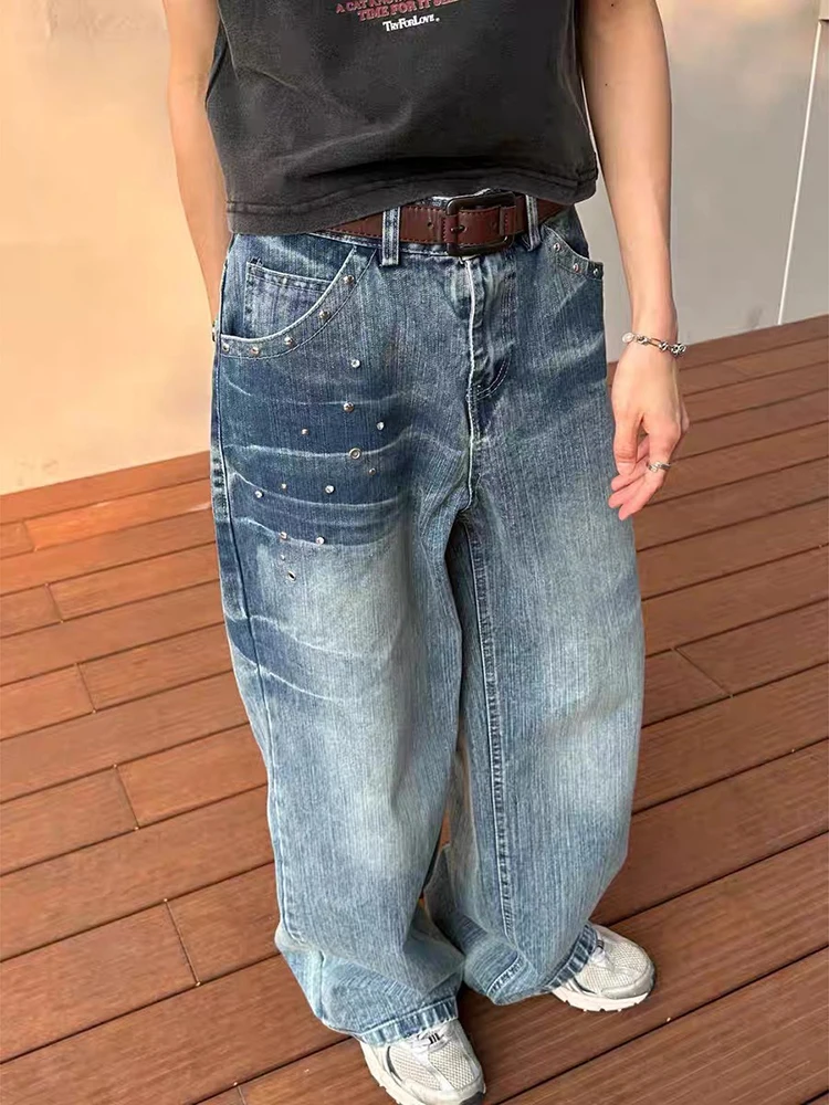 

Американские ретро-джинсы с заклепками, с высокой талией, широкими штанинами, женские, летние, облегающие, в пол, расклешенные, повседневные, стильные джинсы