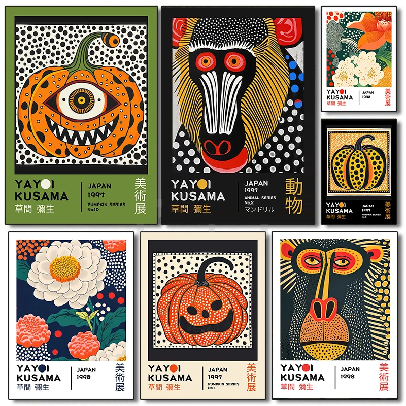 Pósteres abstractos de Yayoi Kusama con diseño de mono y calabaza, impresiones de pintura de diamante, arte de pared nórdico moderno, cuadros para decoración de la sala de estar y el hogar.