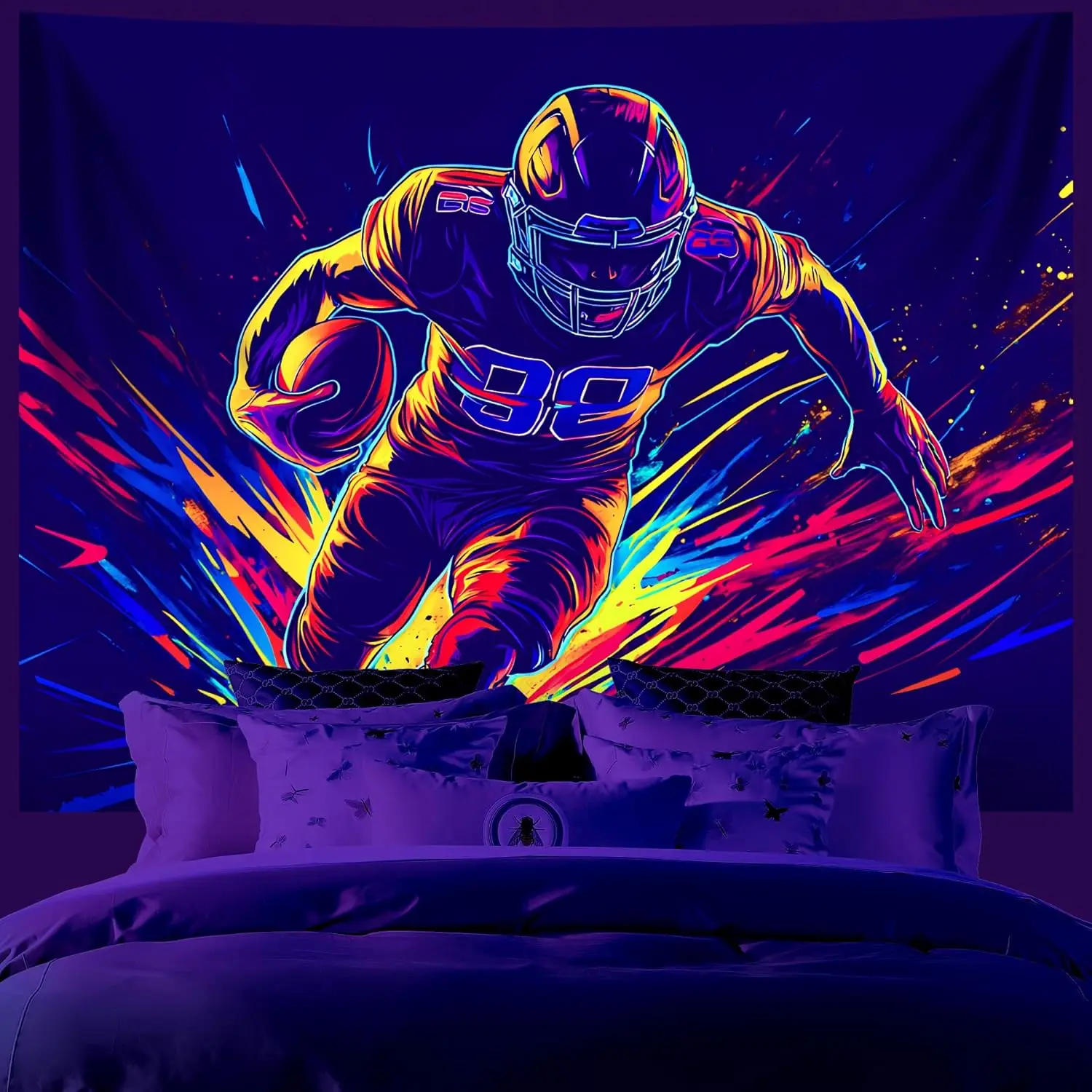 Neon Football Player Tapestry - Abstract Sports Action Wall Art, Vibrant Running Back Decor, Game Room Bedroom, Multiple Sizes