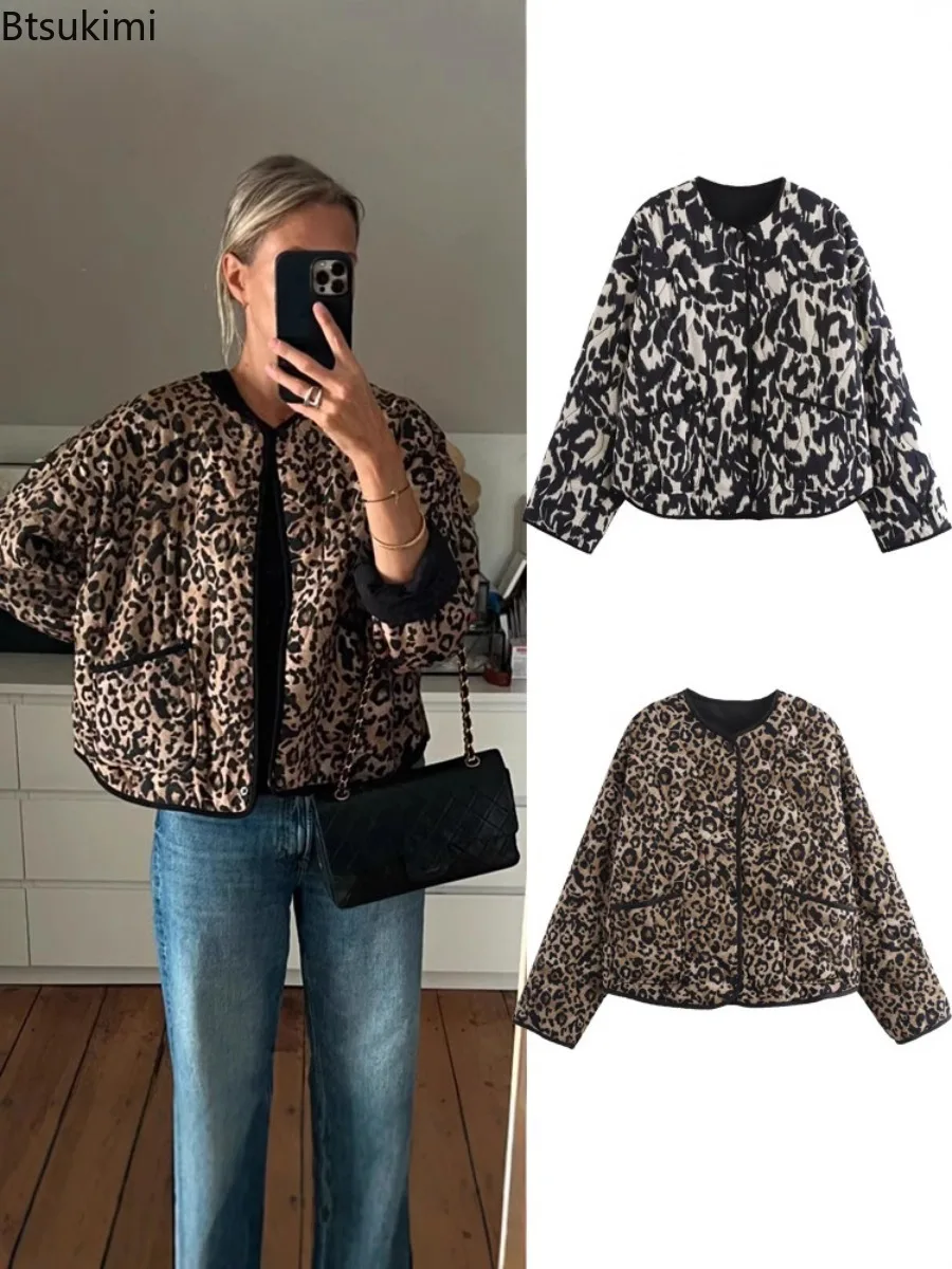 

2025 Casual Leopard Print Cotton Coats for Women Autumn Winter Single-Breasted Pockets Long Sleeves O Neck Street Fashion Jacket