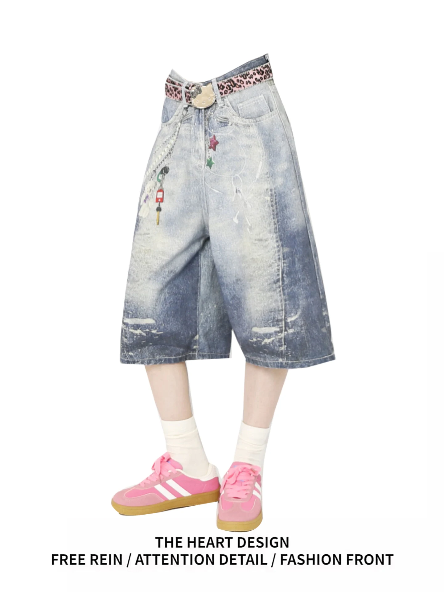 

American Hip Hop Sle Loose Casual Wide Leg Jeans orts Women's Summer High Waist Denim Pants Knee-Length Casual Trousers