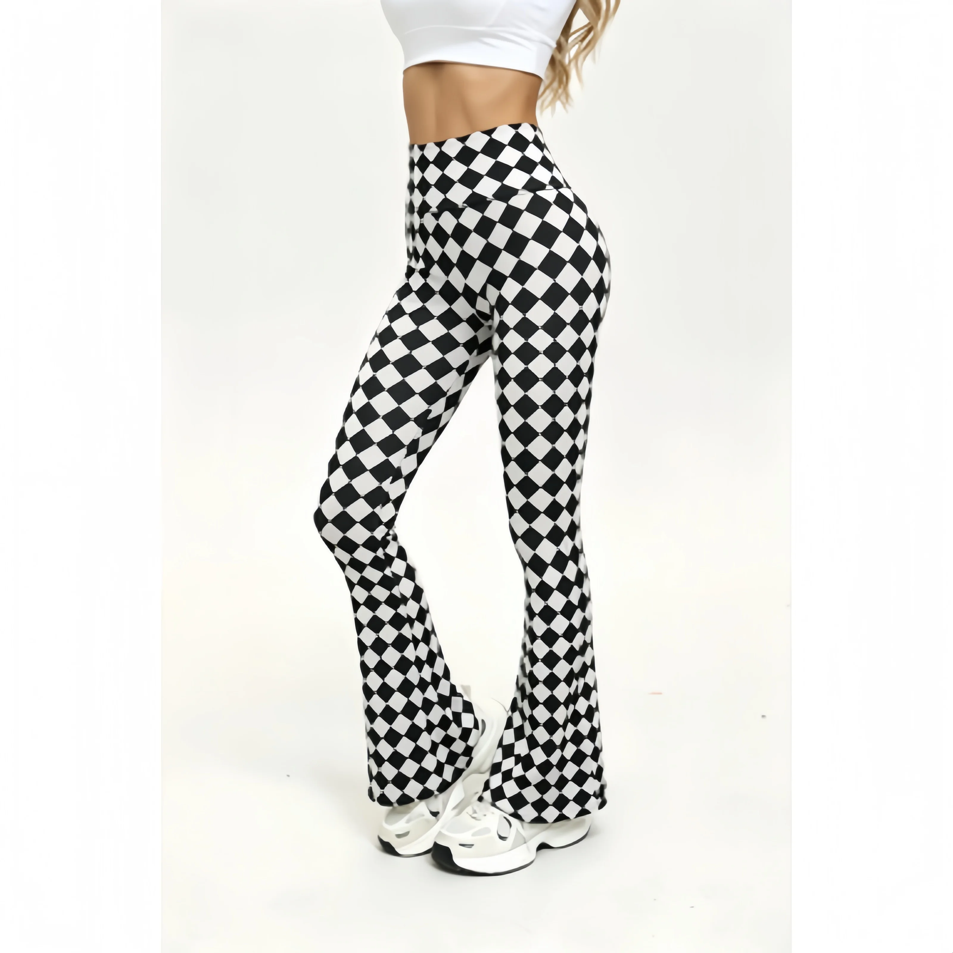 Women High Waist Black White Checkered Flare Yoga Pants Soft Stretch Slim Bootcut Workout Leggings Fitness Sports Trousers