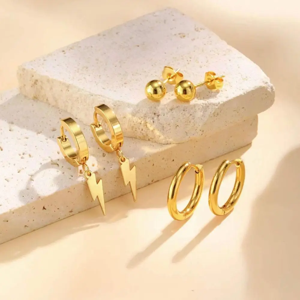 3Pairs Men Golden Color Earring Stainless Steel Lightning Hoop Earring Gift for Husband Father Son Shiny Body Piercing Jewelry