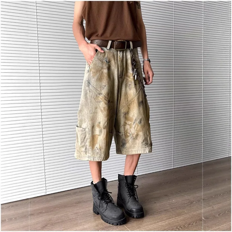 Men's Vintage Washed Distressed Denim Shorts Summer Streetwear Casual Loose Wide Leg Cropped Pants Retro Ripped Raw Hem Jeans