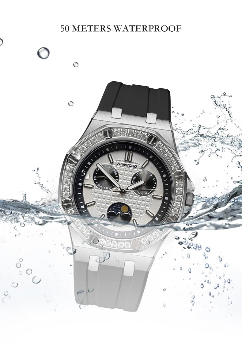 HANBORO женские роскошные часы 37 мм женские часы кварцевые наручные часы светящийся водонепроницаемый силиконовый ремешок тройные окна неделя дата