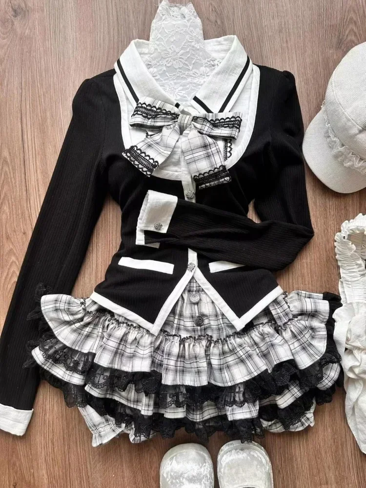 Gothic Y2k Vintage Preppy Style 2 Piece Set Women Sweet Bow Knitted Cardigan Ruffles Plaid Mini Skirt Fashion Lolita Outfits New