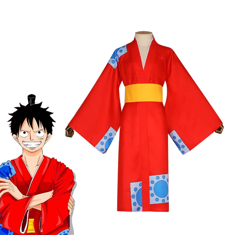 

Anime Monkey D Luffy Cosplay Costume Adult Men Red Kimono Uniform Unisex Bathrobe Straw Hat Halloween Carnival Party Outfit