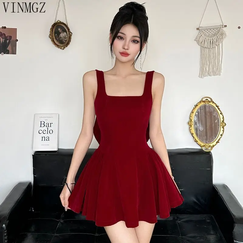 

French daughter wind halter bow dress women's short waist thin Spice girl a-word skirt sexy dress Regulai Fit