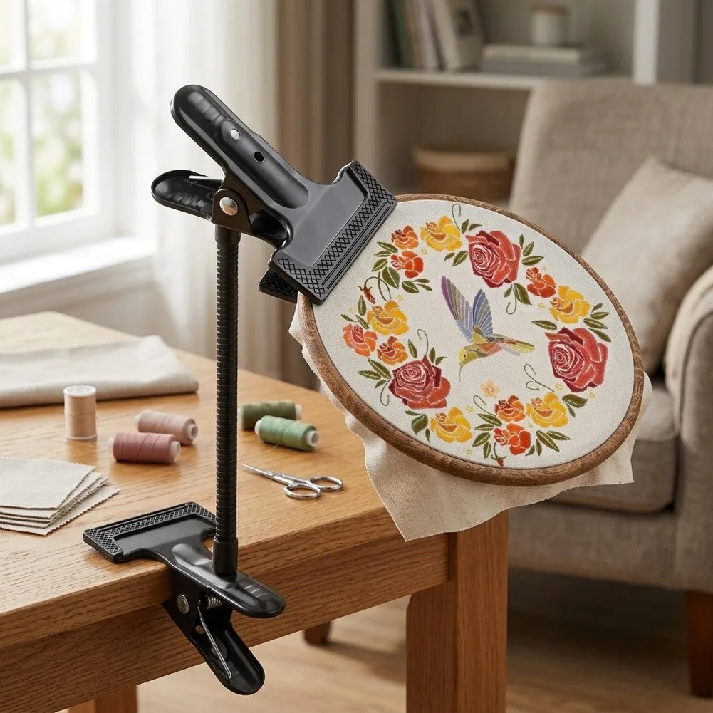 Adjustable Gooseneck Embroidery Stand for Cross Stitch Needlepoint and Fabric-Based Craft Projects with Table Clamp