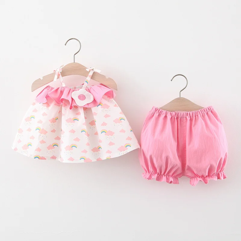 Summer 2/piece set for girls baby top and shorts, girl solid color lace cartoon rainbow cloud print suspender top