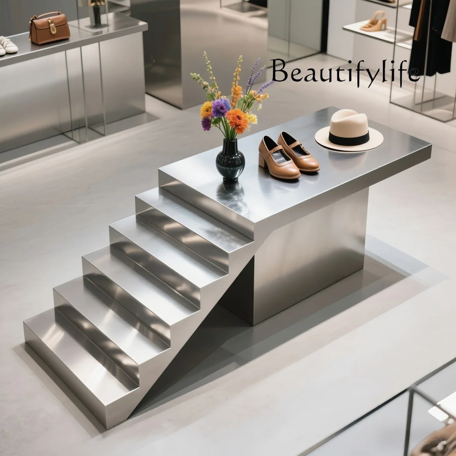 BX Clothing Store Stainless Steel Ladder Water Table Shoe Store Shoe Rack Middle High And Low Table Display Table Jewelry Bag Di